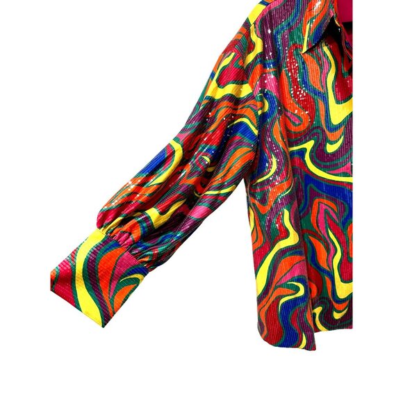 Alden Adair Sequin Multicolor Psychedelic Button-Up Shirt Large NWT - Picture 2 of 5